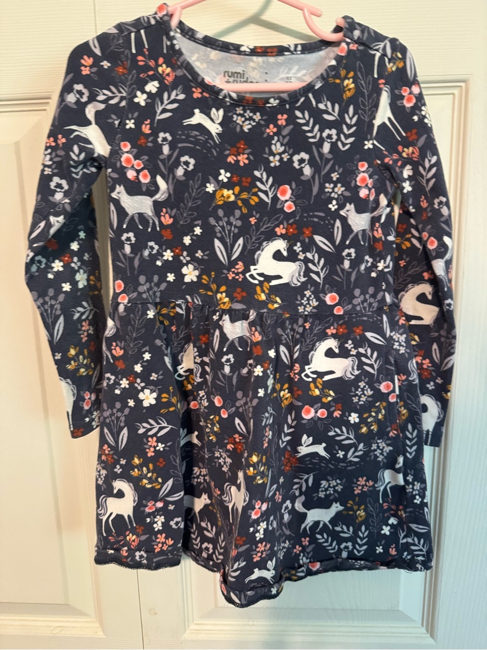 Rumi Navy Unicorn & Floral Long-Sleeve Kids Dress